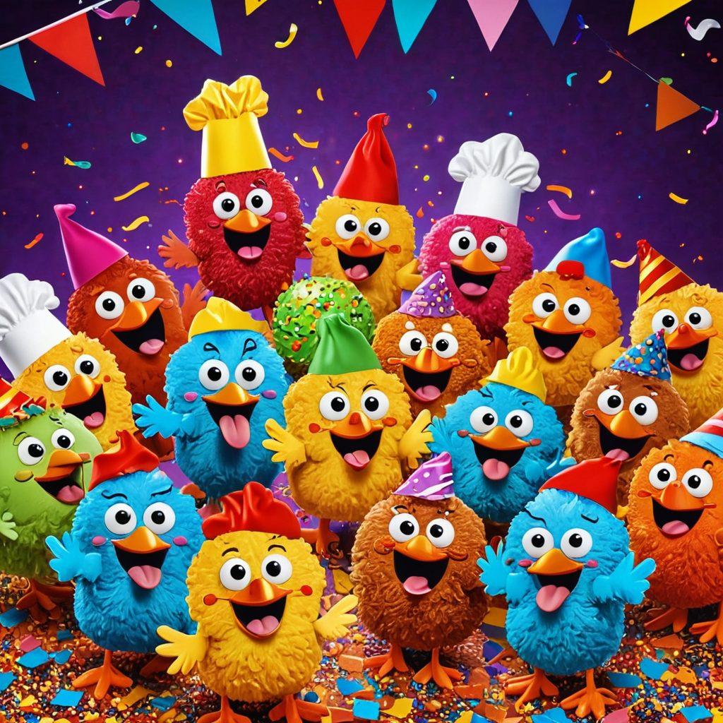 A cheerful and whimsical scene featuring cartoon chicken nuggets with exaggerated facial expressions, laughing and engaging in funny skits on a brightly colored stage. Include playful props like oversized microphones and comical hats, with a lively audience of animated food characters enjoying the performance. The background should be cluttered with colorful confetti and streamers to exude a fun atmosphere. vibrant colors. cartoon style. playful atmosphere.