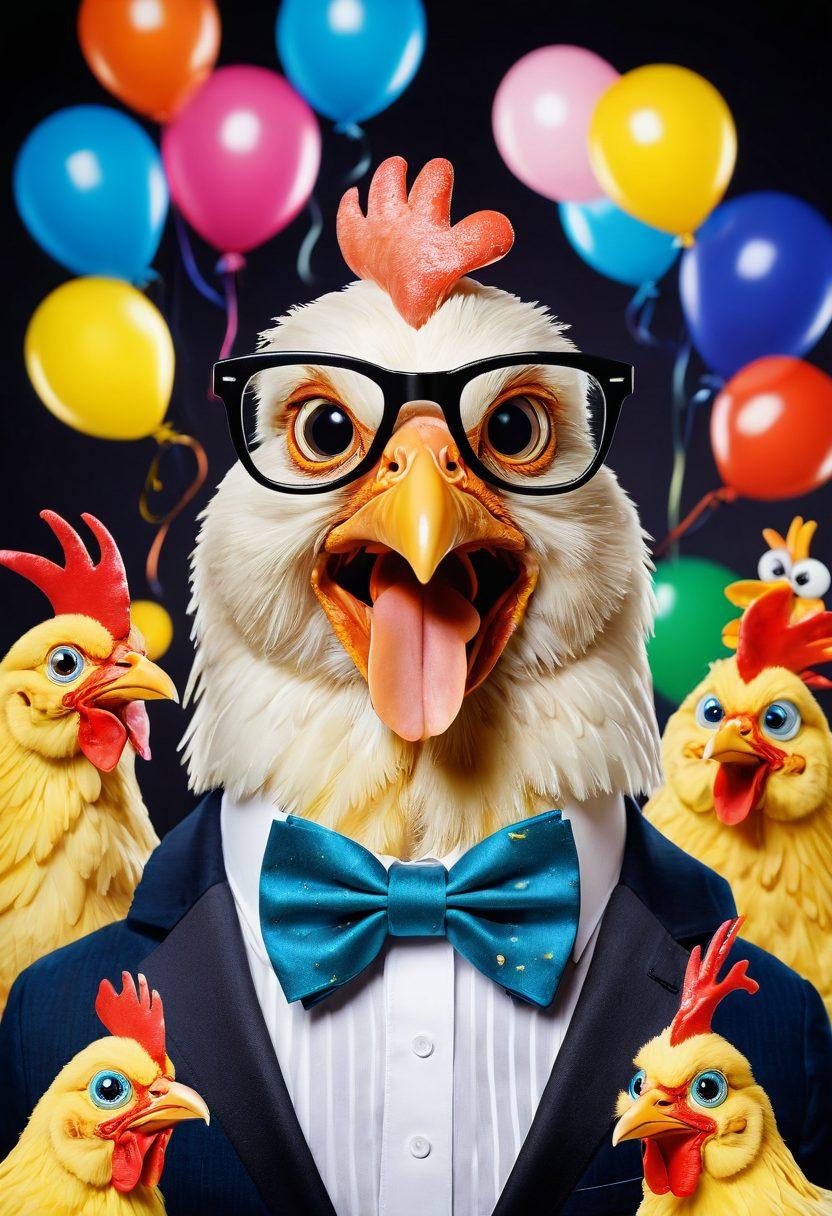 A whimsical scene featuring a cartoon chicken wearing oversized glasses and a bowtie, surrounded by colorful burst-shaped speech bubbles filled with playful jokes. In the background, a lively comedy club stage with a microphone stands ready for performances. Bright, cheerful colors fill the image, creating an inviting and fun vibe. The overall look is playful, appealing to adult humor fans. cartoon style. vibrant colors. playful atmosphere.