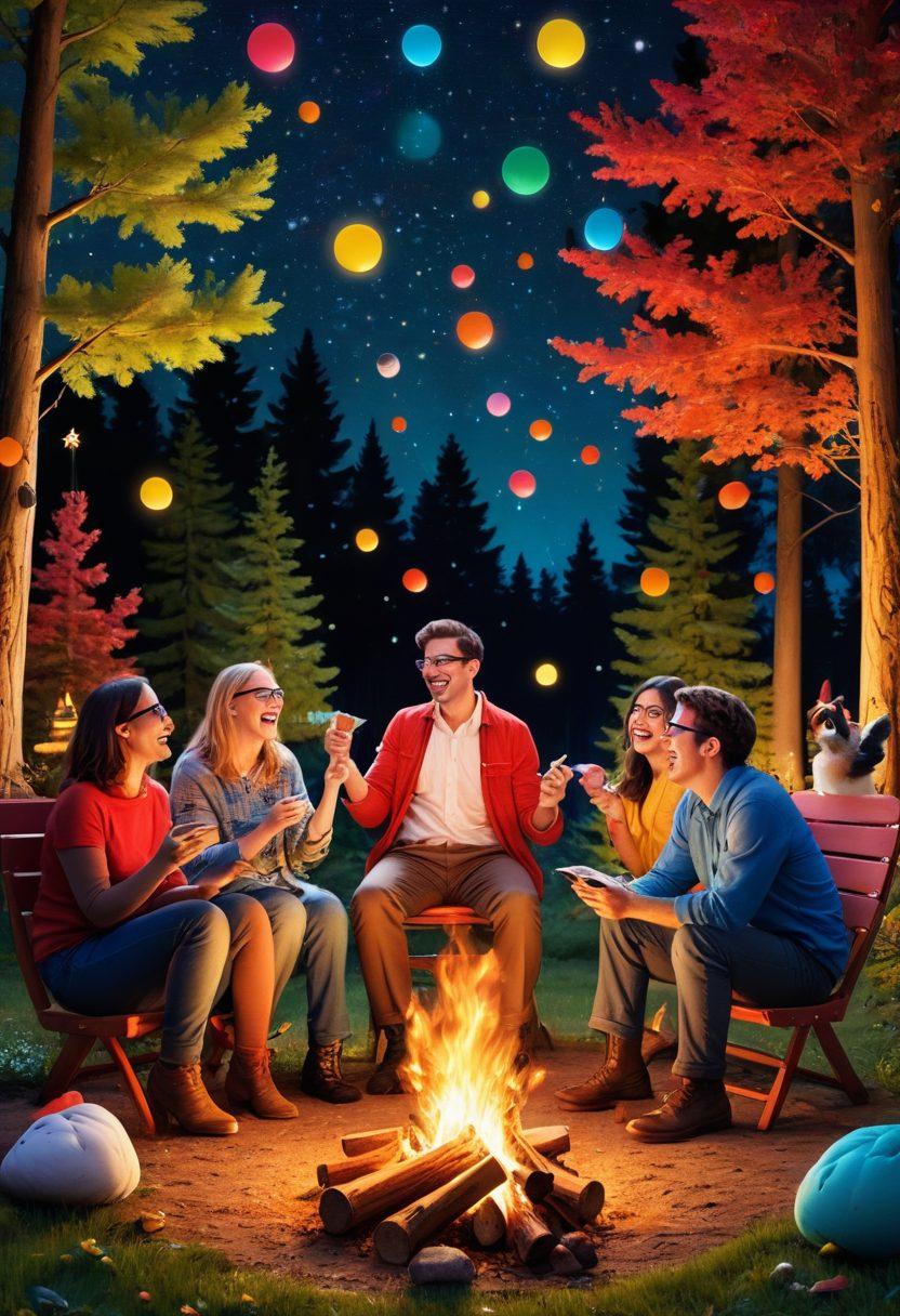 A whimsical and colorful scene featuring a diverse group of adults laughing heartily around a campfire under a starry night. Floating text bubbles filled with humorous jokes and funny nuggets surround them, while cartoonish comedy props like oversized glasses, whoopee cushions, and rubber chickens add to the playful atmosphere. The backdrop features a cartoonish forest with exaggerated trees and bright colors. vibrant colors. cartoon style.
